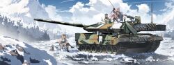  2girls animal_ears book cat_ears cat_girl cat_tail chair commentary_request day fishing fishing_rod gun highres holding holding_fishing_rod lantern leopard_2 long_hair long_sleeves machine_gun military military_vehicle motor_vehicle multiple_girls original outdoors porcelainsphere scenery shoes sitting skirt snow tail tank tank_gun thigh-highs thighs weapon 