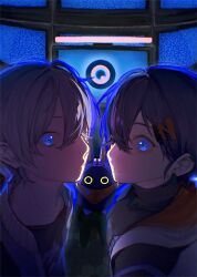  1boy 1girl bangboo_(zenless_zone_zero) belle_(zenless_zone_zero) blue_eyes blue_hair earrings eous_(zenless_zone_zero) fairy_(zenless_zone_zero) grey_hair hair_ornament highres jacket jewelry looking_at_viewer onisotohukuuti shirt short_hair smile television wise_(zenless_zone_zero) zenless_zone_zero 