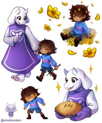  1girl 1other 2025 2d ambiguous_gender animal_ears animal_nose ankle_boots anthro aqua_shorts arm_support artist_logo artist_name barefoot blue_sweater body_fur boots brown_boots brown_hair brown_pantyhose child commentary cropped_torso delta_rune_(symbol) delta_rune_print digital_media double_horizontal_stripe droopy_ears duo english_commentary eyelashes falling_petals fangs female floppy_ears flower food frisk_(undertale) full_body furry furry_female goat goat_ears goat_girl goat_horns highres holding holding_food holding_plate holding_stick horizontal-striped_clothes horns human leaning_forward legs_apart long_sleeves mammal monster monster_girl open_mouth outstretched_arms pantyhose pantyhose_under_shorts pastry pawpads petals pie pink_stripes plate purple_robe red_eyes robe short_hair shorts simple_background sitting skin_fangs smoldumdum sparkle sparkling_eyes standing stick striped_clothes striped_sweater sweater toriel two-tone_sweater undertale utdr_(toby_fox) walking white_background white_fur white_horns white_sleeves yellow_flower yellow_petals 