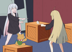  2girls ^_^ black_shirt blonde_hair cho_kaguya-hime! closed_eyes commentary_request crate fushi_(cho_kaguya-hime!) highres inudoge kaguya_(cho_kaguya-hime!) long_hair long_shirt meme multiple_girls open_mouth pink_hair pink_shorts pointing_spider-man_(meme) runami_yachiyo semeto_(a2439x) shirt shorts smile three-quarter_sleeves very_long_hair white_hair 