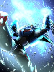  armor blue_armor commentary_request energy_ball gattai getter_robo highres lightning mecha mecha_focus neo_getter-1 no_humans powering_up robot science_fiction shin_getter_robo_vs_neo_getter_robo super_robot yellow_eyes yuuki_(gatama) 