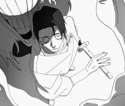  1boy 1other bags_under_eyes black_hair black_pants closed_mouth commentary_request curse cursed_spirit_(jujutsu_kaisen) from_above high_collar highres holding holding_sword holding_weapon jacket jujutsu_kaisen katana long_sleeves looking_at_viewer looking_up monochrome monster no_eyes okkotsu_yuta orimoto_rika pants shikigami short_hair sword teeth ten_ten_10_10 weapon white_background white_jacket 