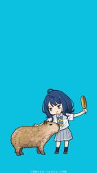  1girl animal biting biting_clothes blue_background blue_bow blue_bowtie blue_eyes blue_hair blue_socks blush bow bowtie brown_shoes capybara chibi collared_shirt corn food full_body grey_skirt highres holding holding_corn holding_food holding_weapon imigimuru make_heroine_ga_oo_sugiru! medium_hair official_art official_wallpaper school_uniform second-party_source shirt shoes short_sleeves simple_background skirt smile socks standing summer_uniform tsuwabuki_high_school_uniform weapon white_shirt yanami_anna yellow_bow yellow_bowtie 