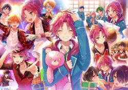  6+boys :d akehoshi_subaru arm_up ball bangs_pinned_back basketball_(object) black_hair black_hat black_jacket black_shirt blazer blonde_hair blonde_streaks blue-framed_eyewear blue_eyes blue_hair blue_jacket blue_necktie blush closed_eyes closed_mouth commentary_request ensemble_stars! facing_viewer finger_to_mouth floating_clothes flying_paper fushimi_yuzuru gift glasses green_eyes green_necktie grin hair_between_eyes hair_down hair_over_one_eye hand_on_own_head hasumi_keito hat headset hidaka_hokuto highres himemiya_tori holding holding_ball holding_microphone holding_paper holding_pen holding_stuffed_toy hood hood_down hooded_jacket idol_clothes instrument isara_mao jacket jersey long_sleeves looking_at_viewer looking_back male_focus microphone morisawa_chiaki multicolored_hair multiple_boys multiple_views necktie one_eye_closed one_eye_covered open_mouth orange_hair paper pen pink_hair plaid_clothes plaid_jacket pointing pointing_at_viewer purple_hair raised_inner_eyebrows red_eyes red_hair red_jacket red_necktie red_vest sakuma_ritsu school_uniform sengoku_shinobu shirt short_hair shushing sleeping small_sweatdrop smile sparkle streaked_hair striped_clothes striped_necktie stuffed_animal stuffed_toy sweat synthesizer takamine_midori tamano_mayo teddy_bear tenshouin_eichi trickstar_(ensemble_stars!) v-shaped_eyebrows vest w white_shirt wristband yellow_eyes yumenosaki_school_uniform yuuki_makoto_(ensemble_stars!) 