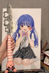  1girl artist's_hand_in_frame black_skirt blue_hair blunt_bangs blush bow bowtie commentary_request furude_rika highres higurashi_no_naku_koro_ni holding holding_knife knife long_hair no_shoes o1c_ne open_mouth photo_(medium) pink_bow pink_bowtie pleated_skirt shirt short_sleeves sitting skirt smile socks solo suspender_skirt suspenders traditional_media violet_eyes wariza white_shirt white_socks 