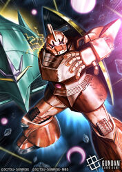  alternate_universe amasaki_yusuke amputee army battle copyright_notice damaged electricity elmeth energy_beam english_text explosion fleet gelgoog_s_char_custom glowing glowing_eye gundam gundam_card_game gundam_gquuuuuux imminent_death logo mecha mecha_focus mobile_armor mobile_suit mobile_suit_gundam motion_blur motion_lines no_humans official_art realistic robot scene_reference science_fiction shield space sunrise_(company) thrusters title war zeon zero_gravity 