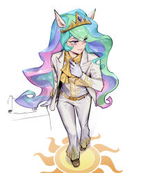  1girl animal_ears gloves highres horse_ears horse_girl humanization jacket multicolored_hair my_little_pony my_little_pony:_equestria_girls my_little_pony:_friendship_is_magic neckerchief pale_skin pants phantom_cross princess_celestia rainbow_hair scroll tiara violet_eyes white_gloves white_jacket white_pants yellow_neckerchief 