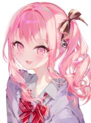  1other :d aimi_(mimi_nii2) akiyama_mizuki arms_at_sides backlighting blush bow bowtie brown_bow buttons cardigan collarbone collared_shirt commentary diagonal-striped_bow diagonal-striped_bowtie diagonal-striped_clothes drill_hair drill_sidelocks eyes_visible_through_hair flat_chest from_above grey_shirt hair_between_eyes hair_intakes hair_over_shoulder heart high_side_ponytail highres kamiyama_high_school_uniform_(project_sekai) long_hair long_sleeves looking_at_viewer open_mouth other_focus petite pink_eyes pink_hair project_sekai puffy_long_sleeves puffy_sleeves purple_cardigan red_bow red_bowtie school_uniform shirt side_drill side_ponytail sidelocks simple_background smile solo sparkle striped_bow striped_bowtie striped_clothes swept_bangs tongue two-tone_bow upper_body white_background white_bow wind 