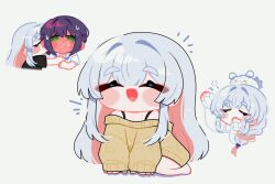  2girls animal_on_head bare_shoulders black_hair blush blush_stickers chibi cho_kaguya-hime! closed_eyes commentary facing_viewer full-face_blush fushi_(cho_kaguya-hime!) green_eyes grey_hair hehe5ya highres hug hug_from_side long_hair mole mole_under_eye multicolored_hair multiple_girls on_head open_mouth pink_hair runami_yachiyo sailor_collar sakayori_iroha short_sleeves sleeves_past_wrists solo_focus squeans sweat two-tone_hair untranslatable_commentary white_background yawning yuri 