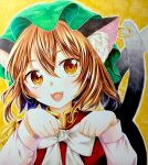  1girl :d absurdres animal_ear_fluff animal_ear_piercing animal_ears bow bowtie brown_eyes brown_hair cat_ears cat_tail chen commentary_request double-parted_bangs earrings fangs gold_trim green_headwear hair_between_eyes hands_up happy hat highres jewelry light_blush looking_at_viewer medium_hair mob_cap multiple_tails nekomata open_mouth outline paw_pose setsuna_marin_rei_taisai_su_14ab simple_background single_earring smile solo tail touhou traditional_media two_tails white_bow white_bowtie white_outline yellow_background 
