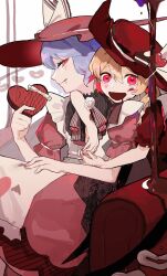  2girls absurdres alternate_costume alternate_headwear apron bat_wings blonde_hair blue_hair blush box box_of_chocolates chocolate commentary dress english_commentary flandre_scarlet flower hat heart-shaped_box highres holding holding_box hug hug_from_behind imkooooww looking_at_viewer multiple_girls neck_flower open_mouth pink_dress pink_eyes puffy_short_sleeves puffy_sleeves red_hat red_shirt remilia_scarlet rose shirt short_sleeves siblings sisters sitting smile touhou valentine white_apron white_flower white_rose wings 