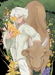 1girl commentary_request cow dongbaek_(project_moon) e.g.o_(project_moon) field flower grass highres horns korean_commentary limbus_company outdoors pants petting project_moon robe spicebush_(e.g.o) white_hair white_pants white_robe yellow_eyes yellow_flower yongsadragon 