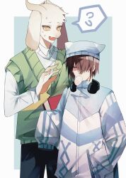  1boy 1other absurdres adoptive_siblings androgynous animal_ears asriel_dreemurr baggy_clothes blowing_bubble_gum brown_hair chewing_gum deltarune furry furry_male goat_boy green_sweater headphones highres hikokisleep247 horns kris_(deltarune) long_sleeves open_mouth red_eyes short_hair siblings simple_background striped_clothes striped_sweater sweater utdr_(toby_fox) yellow_eyes 