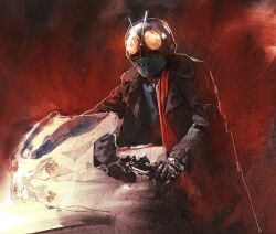 1boy compound_eyes cyclone_(kamen_rider) highres kamen_rider kamen_rider_(1st_series) kamen_rider_1 kamen_rider_1_(shin) male_focus motor_vehicle motorcycle nouichi_(noui_nono) red_scarf scarf shin_kamen_rider silver_gloves solo superhero_costume typhoon_(kamen_rider)