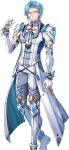  1boy achan_(blue_semi) arm_at_side armor armpit_cutout asymmetrical_hair blue_hair blue_shirt blue_vest boots brooch ciriaer_(eternal_tree) clenched_hand clothing_cutout coat cuffs eternal_tree feet_out_of_frame gloves grey_thighhighs hand_up jewelry knee_boots lace-up_legwear lapels long_sleeves looking_at_viewer male_focus medium_hair monocle necktie official_art pants parted_bangs poleyn shirt shoulder_armor smile solo standing striped striped_shirt tassel thigh-highs third-party_source transparent_background vertical-striped_shirt vertical_stripes vest white_coat white_footwear white_gloves white_necktie white_pants yellow_eyes 