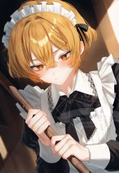  1boy alternate_costume apron bad_id bad_twitter_id black_bow black_bowtie black_dress blonde_hair blush bow bowtie broom crossed_bangs dress enmaided frilled_apron frills hair_between_eyes highres holding holding_broom limbus_company looking_down maid maid_headdress male_focus portrait project_moon puffy_sleeves sinclair_(project_moon) sohdvh_khos_ph solo sweatdrop white_apron yellow_eyes 