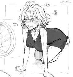 1girl absurdres ahoge black_dress blush breasts closed_eyes commentary dress electric_fan fate/grand_order fate_(series) full_body hands_on_floor highres jeanne_d'arc_alter_(fate) jeanne_d'arc_alter_(ver._shinjuku_1999)_(fate) kneeling monochrome official_alternate_costume sakana_(whhy8883) short_hair simple_background sweat white_background 