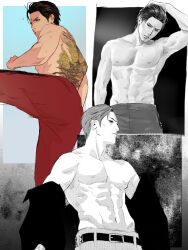  abs ahoge back_tattoo bare_pectorals belt brown_hair commentary_request fighting fighting_stance hair_slicked_back highres irezumi jacket jacket_partially_removed kicking large_pectorals male_focus martial_arts mine_yoshitaka motion_lines muscular muscular_male pants pectorals qilin_(mythology) ryuu_ga_gotoku_(series) ryuu_ga_gotoku_3 sweatpants tattoo topless_male tyag53 