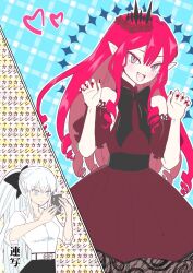  2girls baobhan_sith_(chaldea_satellite_station)_(fate) baobhan_sith_(fate) blush breasts claw_pose dress fate/grand_order fate_(series) grey_eyes holding holding_phone long_hair looking_at_viewer morgan_le_fay_(chaldea_satellite_station)_(fate) morgan_le_fay_(fate) mother_and_child mother_and_daughter multiple_girls parent_and_child phone pink_hair pointy_ears ponytail red_dress shirt smile taking_picture uehara_inco white_hair white_shirt 
