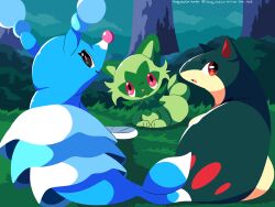  2026 absurdres artist_name blue_skin brionne colored_skin day grass green_fur highres looking_at_viewer looking_back no_humans outdoors pink_eyes pokemon pokemon_(creature) quilava sleepy_sealion sprigatito tree tumblr_username twitter_username web_address yellow_fur 