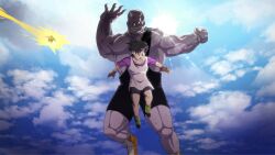  1girl 2boys aura bike_shorts dragon_ball dragon_ball_z flying grabbing_another's_head hanging_legs highres imminent_attack multiple_boys ryona saiyan son_gohan spopovich super_saiyan super_saiyan_1 tenaryth torn_bike_shorts torn_clothes videl 