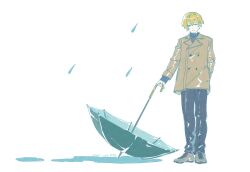  1boy aitib alternate_costume black_pants black_sweater blonde_hair brown_coat brown_shoes coat full_body half-closed_eyes highres holding holding_umbrella lapels layered_sleeves limbus_company long_sleeves looking_down male_focus notched_lapels pants project_moon rain shoes short_hair sinclair_(project_moon) solo sweater turtleneck turtleneck_sweater umbrella yellow_eyes 