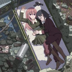  2girls black_dress black_hair bottle closed_eyes closed_mouth collared_dress commentary_request dress from_above gun hair_between_eyes hair_ornament hairclip highres hug long_hair long_sleeves looking_at_viewer lying multiple_girls on_back on_bed ooo_(d4frdm) original pajamas picture_frame pink_hair pixel_art rubble shoes short_hair sleeping unworn_shoes weapon 