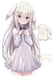  1girl :o blush commentary_request cowboy_shot creature_and_personification dress droopy_ears grey_dress grey_eyes grey_hair hands_up highres long_hair long_sleeves own_hands_together peakychu personification pikachu pokemon pokemon_(creature) pokemon_pokopia simple_background siragagaga solo tail very_long_hair white_background 