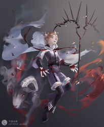  1boy animal animal_ears arknights black_boots black_thighhighs blonde_hair boots burnt_clothes cape eyjafjalla_(arknights) fingerless_gloves floating full_body genderswap genderswap_(ftm) gloves goat gradient_background grey_background headphones headphones_around_neck horns male_focus mask mask_around_neck mizukai open_mouth red_gloves respirator sheep sheep_boy sheep_ears sheep_horns short_hair shorts solo staff thigh-highs torn_cape torn_clothes white_cape 