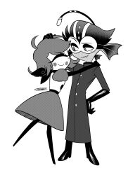  1boy 1girl ^_^ ahoge anglerfish_boy artistic_error bandana bandana_around_neck baxter_(hazbin_hotel) belt blush blush_visible_through_hair boots buttons circle_facial_mark closed_eyes closed_mouth coat crosshatching cyclops dress elbow_gloves eyeshadow face-to-face facial_mark facing_another fangs fewer_digits fins flat_chest flipped_hair full_body gloves greyscale halftone hand_on_another's_shoulder hand_on_own_hip hatching_(texture) hazbin_hotel head_fins hellaverse high_heel_boots high_heels highres hug long_sleeves looking_at_another makeup medium_dress menma_(enaic31) monochrome multicolored_hair niffty_(hazbin_hotel) no_nose one-eyed puffy_short_sleeves puffy_sleeves raised_eyebrow shirt short_hair short_sleeves signature simple_background sleeveless sleeveless_shirt smile standing standing_on_one_leg streaked_hair swept_bangs two-tone_hair very_short_hair white_background 
