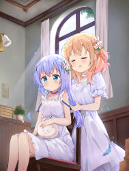  2girls absurdres bare_shoulders blue_eyes blue_feathers blue_hair blush braid brown_hair chair choker closed_eyes closed_mouth collarbone commentary_request curtains dress feathers feet_out_of_frame flower gochuumon_wa_usagi_desu_ka? hair_flower hair_ornament highres hoto_cocoa indoors kafuu_chino multiple_girls on_chair open_mouth puffy_short_sleeves puffy_sleeves red_flower short_sleeves sitting sleeveless sleeveless_dress stick_jitb tippy_(gochiusa) vase white_choker white_dress white_flower window x_hair_ornament 