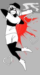  1other 2016 2d add-on_(off) ambiguous_gender ambiguous_red_liquid baseball_bat baseball_cap belt black_sleeves boots chara_(undertale) closed_mouth cosplay creepy_smile digital_media double_horizontal_stripe hat highres holding holding_baseball_bat horizontal-striped_clothes human kophnar352_(discoice) long_sleeves monochrome nail_(hardware) off_(game) other_focus pantyhose pantyhose_under_shorts shaded_face shirt shoes short_hair short_sleeves shorts simple_background smile splatter striped_clothes striped_shirt the_batter_(off)_(cosplay) two-tone_shirt undertale utdr_(toby_fox) white_background white_shirt white_shorts 