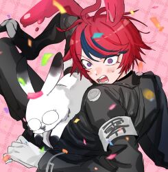  1boy ahoge animal_ears animalization aotsuki_eito armband black_boots black_jacket black_streaks blue_eyes boots commentary_request dorodorodo412 fallen_down geta gloves jacket last_defense_academy_school_uniform looking_at_viewer male_focus multicolored_hair open_mouth pink_background rabbit rabbit_boy rabbit_ears red_hair school_uniform short_hair streaked_hair sumino_takumi surprised sweatdrop the_hundred_line_-last_defense_academy- two-tone_hair variant_set white_armband white_gloves wide-eyed 