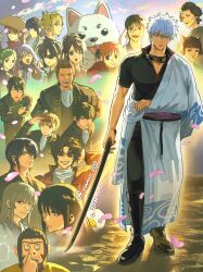  absurdres anniversary bokken gintama happy_anniversary highres hijikata_toushirou japanese_clothes kimono male_focus multiple_boys multiple_girls open_clothes open_kimono sakata_gintoki shimura_shinpachi shinsengumi_(gintama) sorachi_hideaki_(character) sword sword_writing takasugi_shinsuke weapon white_kimono wooden_sword yamo510 
