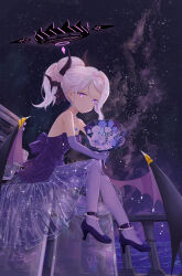  1girl absurdres black_halo blue_archive blush comiket_105 commentary_request demon_girl demon_horns demon_wings dress elbow_gloves flat_chest flower forest_0 full_body gloves halo high_heels highres hina_(blue_archive) hina_(dress)_(blue_archive) horns jewelry long_hair looking_at_viewer multiple_horns necklace night official_alternate_costume official_alternate_hairstyle outdoors pantyhose ponytail pumps purple_dress purple_flower purple_gloves purple_pantyhose purple_rose rose sitting sky solo star_(sky) starry_sky strapless strapless_dress white_flower white_hair white_rose wings 