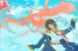  1girl ahoge aircraft airship anchor arm_behind_head belt black_belt black_coat black_eyes black_hair blue_sky chain clouds coat coat_on_shoulders collared_shirt cowboy_shot gloves gold_trim grin hat highres holding holding_chain midriff murasa_minamitsu nairobi369 necktie palanquin_ship red_necktie ship shirt short_hair short_sleeves shorts sky smile solo swinging_weapon touhou watercraft white_gloves white_hat white_shirt white_shorts wind 