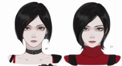  1girl ada_wong age_comparison black_choker black_hair chest_harness choker closed_mouth collarbone dress expressionless eyeshadow grey_eyes harness light_smile looking_at_viewer makeup mofa_shuimu_jiang multiple_views parted_bangs portrait red_dress red_lips resident_evil resident_evil_2 resident_evil_4 short_hair sleeveless sleeveless_dress smokey_eyeshadow swept_bangs turtleneck turtleneck_dress white_background 