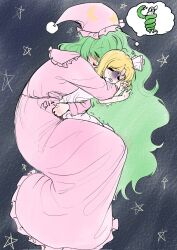  alice_margatroid alice_margatroid_(pc-98) blonde_hair blush bow commentary_request crescent green_hair hair_bow hair_ribbon hat highres hug kazami_yuuka kazami_yuuka_(pc-98) korean_commentary long_hair lovelobten multiple_girls nightcap nightgown pink_nightgown ribbon short_hair short_sleeves sleeping snake snake_bondage speech_bubble star_(symbol) thought_bubble touhou touhou_(pc-98) yuri 