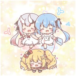  3girls :d ^_^ ahoge akai_haato akai_haato_(gothic_lolita) all_fours bag black_dress black_flower black_rose blonde_hair blue_hair blue_shoes bow chibi closed_eyes clothes_writing colored_shadow dress fang flower gradient_hair grey_hair hair_bow hair_flower hair_ornament hairclip heart heart-shaped_pupils heart_ahoge highres holding holding_bag hololive leash long_hair long_sleeves mitarashi_neko multicolored_hair multiple_girls nakiri_ayame paper_bag pink_hair pointy_ears puffy_long_sleeves puffy_sleeves red_bow red_hair red_shoes rose shadow shirt shoes shopping_bag short_sleeves smile sparkle_background streaked_hair symbol-shaped_pupils translation_request twintails two_side_up very_long_hair virtual_youtuber white_dress white_flower white_rose white_shirt x_hair_ornament yukihana_lamy 