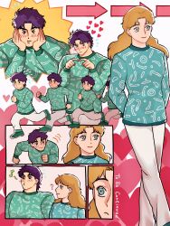  1boy 1girl artist_name blonde_hair blue_hair couple erina_pendleton highres husband_and_wife imokutteneroyo jojo_no_kimyou_na_bouken jonathan_joestar looking_at_another phantom_blood signature sweater 