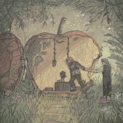  1boy 1girl black_jacket black_pants black_vest brown_hair chinese_commentary commentary_request flower forest gregor_(project_moon) highres holding_hands jacket limbus_company long_hair low_ponytail luoyerrrrr maggot nature pants pink_hair ponytail project_moon rotten shirt stool table vest walking white_shirt yuri_(project_moon) 