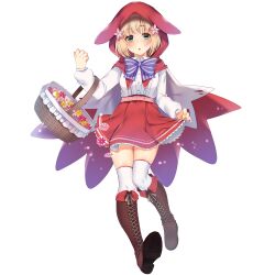  1girl absurdres basket blonde_hair blue_eyes boots breasts brown_boots buta_tamako cloak flower full_body grimms_notes hair_flower hair_ornament hand_up highres holding holding_basket hood hooded_cloak looking_at_viewer parted_lips pink_flower red_cloak red_hood red_riding_hood_(grimms_notes) red_riding_hood_(original)_(grimms_notes) red_skirt shirt simple_background skirt solo thigh-highs white_background white_shirt white_thighhighs 