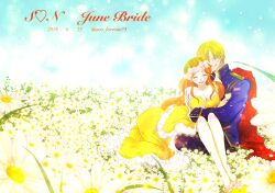 1boy 1girl ^_^ aco_lovesan73 arm_tattoo bare_shoulders blonde_hair blue_jacket blush cape closed_eyes commentary_request curly_eyebrows daisy_(flower) dated dress facial_hair field flower flower_field flower_wreath goatee heart high_collar highres jacket long_hair nami_(one_piece) one_piece orange_dress prince princess sanji_(one_piece) short_hair sitting smile tattoo twitter_username 