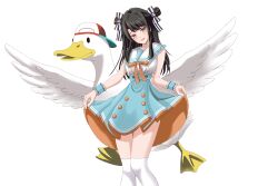 666girimekara absurdres black_hair blue_eyes blue_skirt clothes_lift double_bun hair_bun highres hololive lifting_own_clothes long_hair looking_at_viewer official_alternate_costume oozora_subaru oozora_subaru_(9th_costume) sailor_collar shirt skirt skirt_lift subaru_duck thigh-highs virtual_youtuber white_background white_sailor_collar white_shirt white_thighhighs 