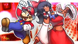  1boy 1girl alternate_skin_color ascot black_eyes black_hair blue_ascot blue_overalls border bow brown_hair brown_shoes crossover dark-skinned_female dark_skin detached_sleeves gloves hair_bow hair_tubes hakurei_reimu hat highres krystalphantasm long_hair long_sleeves looking_at_another mario midriff navel ofuda outside_border overalls ponytail red_bow red_eyes red_hat red_shirt red_skirt shirt shoes signature skirt smile super_mario_bros. touhou white_border white_gloves wide_sleeves 