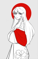  1girl blue_eyes closed_mouth commentary commission doggyawoo expressionless floral_print floral_print_kimono hands_in_opposite_sleeves highres japanese_clothes kimono long_hair looking_at_viewer original partially_colored print_kimono red_sun solo standing yukata 