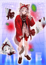  1girl absurdres animal_ears apple bag blue_eyes bow brown_shoes collared_shirt english_text food frilled_socks frills fruit full_body grey_hair grid_background halftone hand_on_own_face headband highres holding jacket jewelry loafers looking_at_viewer loose_necktie neck_ribbon necklace necktie original pearl_necklace plastic_bag red_bow red_jacket red_theme ribbon shirt shoes short_hair shorts signature socks solo sparkle standing white_shirt white_socks yos_(72112764) 