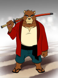  1boy animal_ears bakemono_no_ko bear_boy bear_ears blue_pants brown_fur closed_mouth commentary_request cosplay furry furry_male holding holding_sword holding_weapon japanese_clothes juuichi_mikazuki kimono kumatetsu kumatetsu_(cosplay) male_focus morenatsu over_shoulder pants red_kimono shirako_(kirupi) shirt sword sword_over_shoulder weapon weapon_over_shoulder white_shirt yukata 