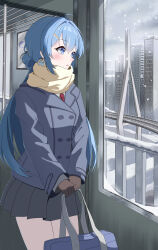  1girl absurdres ahoge arahashi_tabi bag black_skirt blue_bag blue_eyes blue_hair bridge brown_gloves building character_earrings clouds collared_shirt earrings gitae1937 gloves grey_jacket grey_sky hair_ornament hairclip highres holding holding_bag jacket jewelry long_hair looking_outside necktie parallel_hairclips pleated_skirt pungdangi_(arahashi_tabi) railing red_necktie scarf school_bag shirt skirt sky skyscraper snow snowing solo stellive train_interior virtual_youtuber white_shirt window yellow_scarf 