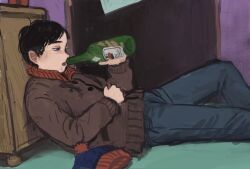  1boy alcohol beanie bedroom black_hair blue_eyes brown_coat brown_jacket coat collar denim drawer drinking drunk half-closed_eyes hat highres jacket jeans lying male_focus minahamu missing_headwear pants parka pom_pom_(clothes) pom_pom_beanie red_collar scene_reference south_park stan_marsh 